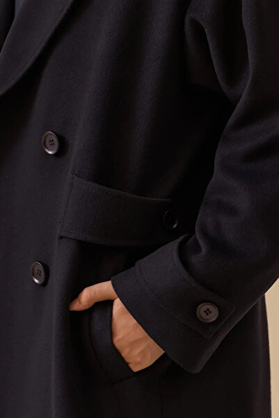 SEÇİL Women's Double-Breasted Oversized Cashmere Coat - Navy Blue