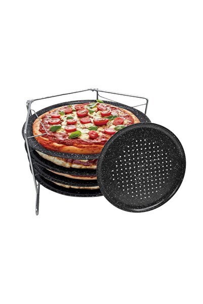 Kinghoff Tava pentru pizza cu strat de marmura, baza din otel, set 5 elemente, 38,5x24,3x19,6cm,