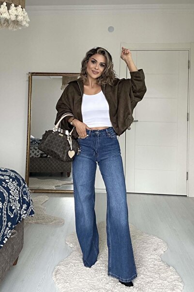 Eswomes تصميم الدنيم بالليزر بنطلون واسع الأرجل أزرق