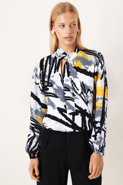 armonika Women's Yellow Tie-Collar Elastic Sleeve Blouse Arm-25K001096