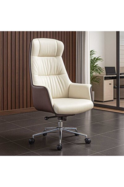 Timebox Scaun de birou executiv, piele naturală, pivotant, reglabil, cadru din lemn, alb/maro