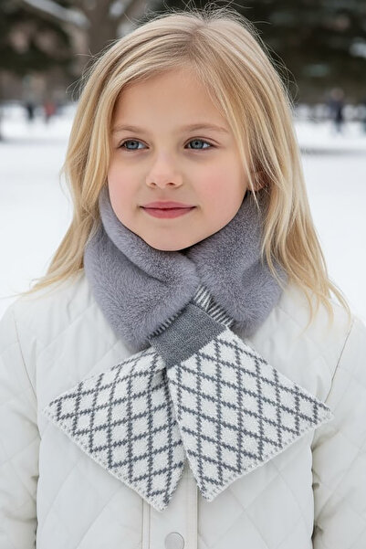 TAKIŞTIR Eșarfă de pluș pentru copii cu detaliu în dungi de culoare gri și albă