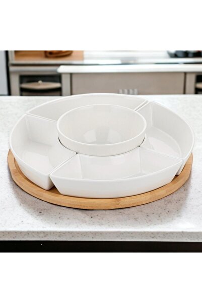 Florentyna Porcelain serving bowl set with bamboo stand, 5 pieces, white, Florina