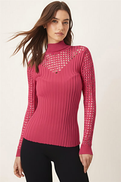 armonika Women's Pink Mock Neck Sleeves Collar Hole Knitwear Sweater Arm-26K136060