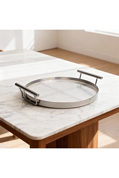 Generic Silver iron serving tray with a round acrylic base, 25 cm