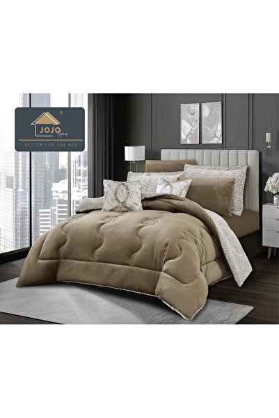 JOJO HOME Bedding set with elastic, with duvet included, faux rabbit fur, 6 pieces, Brown