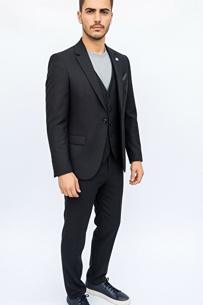 Plus Scorpion Black Corded Fabric Velvet Men's Suit – 3 Pieces Vest Set , Stylish and Modern Slim Fit Cut