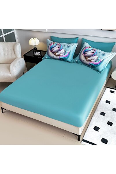 JOJO HOME Bedding set, 5D print, with elastic, 140x200cm, 4 pieces, Sleepy unicorn, Turquoise