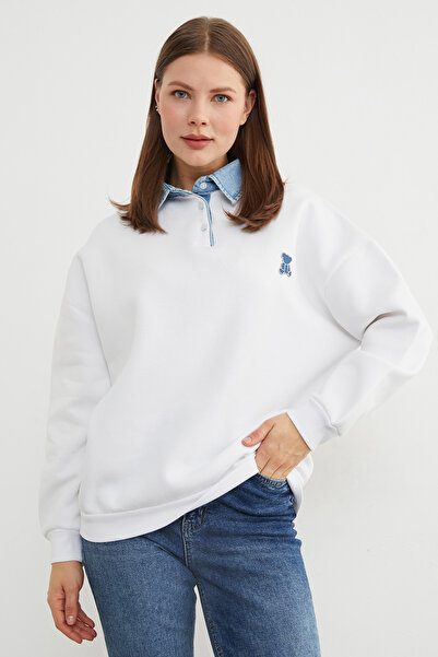 Fulla Moda Hanorac cu 3 fire, cu broderie de ursuleț, cu guler polo, cu detalii din denim