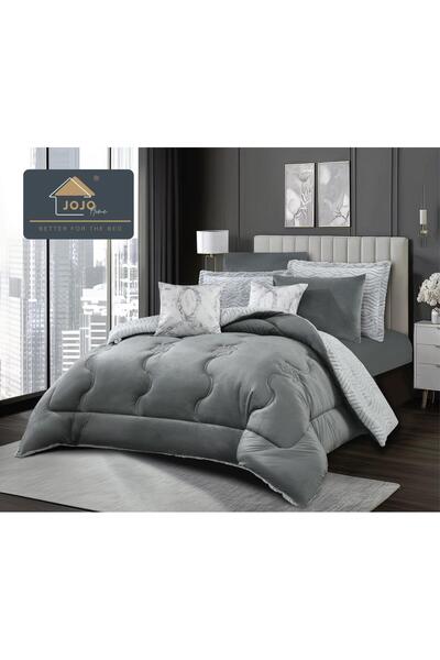 JOJO HOME Bedding set with elastic, with duvet included, faux rabbit fur, 6 pieces, Grey