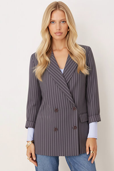armonika Women's Gray Oversized Double Sleeve Double-Breasted Collar Lined Blazer Jacket Arm-26K001052