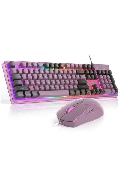 Timebox Gaming Kit: Full-Size Keyboard (Transparent, 19 Anti-Ghosting, 8 RGB) + RGB Mouse, Purple