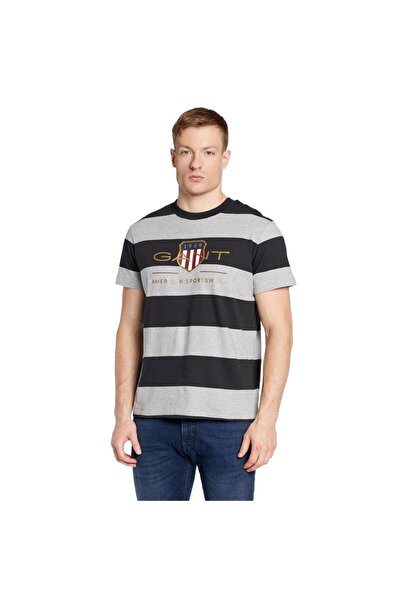 Gant Men's Stripe Logo T-Shirt, Gray, 100% Cotton, Short Sleeve, Size S