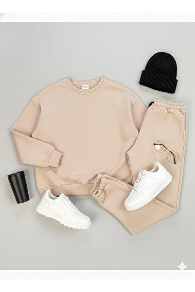 KVİNS Unisex Basic Σετ Φόρμας με Λαιμόκοψη Ποδηλάτου - Βαμβακερό Φούτερ Overs...