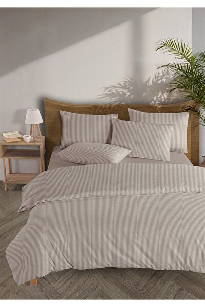 Monolisse Line 100% Cotton Ranforce Akay Beige Yarn Dyed Duvet Cover Set Single Size - 160X220 cm