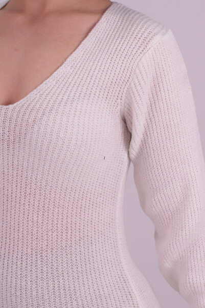 armonika Women's Ecru V-Neck Knit Dress with Slit Hem Arm-26K136008