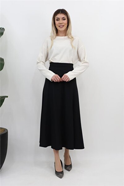 Puane Parça Geçişli Kloş Etek - Siyah