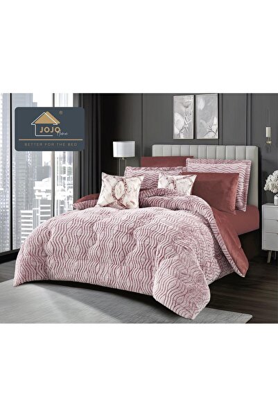 JOJO HOME Bedding set with elastic, with duvet included, faux rabbit fur, 6 pieces, Pink