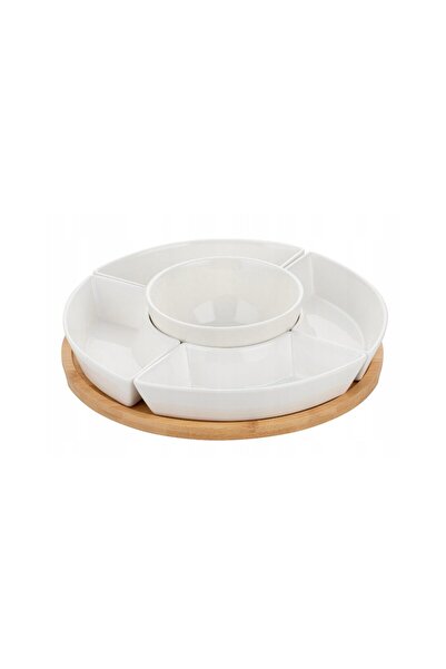 Florentyna Porcelain serving bowl set with bamboo stand, 5 pieces, white, Florina