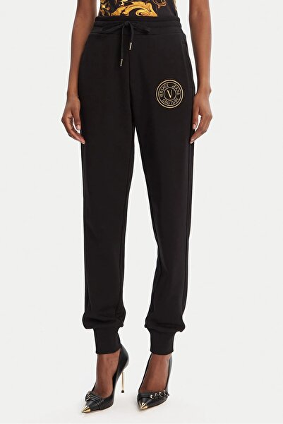 Versace Women's Regular Fit Embroidered V Emblem Elasticated Cuffs Sweatpants - Black/Gold Yellow
