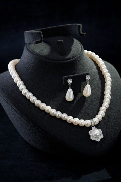 OSMANLI GÜMÜŞ Kadın İnci Kolye Küpe Set - Margaret Model Çiçek Motifli Kadın İnci Set