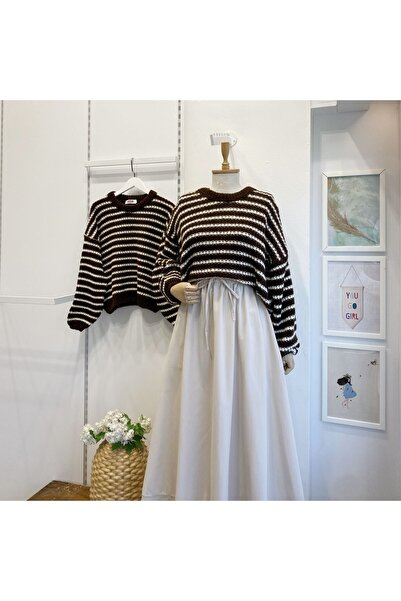 Faya Boutique Kahverengi Çizgili Triko Kazak