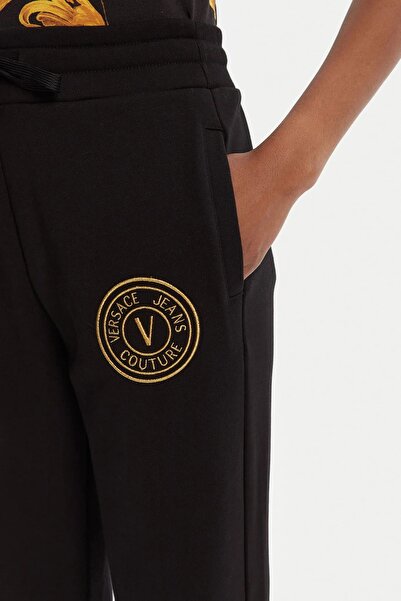Versace Women's Regular Fit Embroidered V Emblem Elasticated Cuffs Sweatpants - Black/Gold Yellow