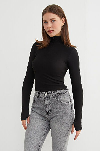 Fulla Moda Μπλούζα με ραβδωτό γιακά με φερμουάρ