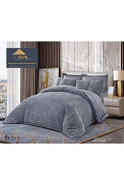 JOJO HOME Double bed linen with elastic and duvet included, faux rabbit fur, 6 pieces, Dark Grey
