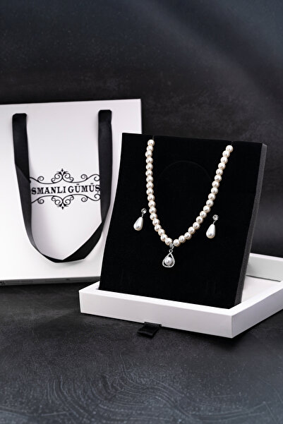 OSMANLI GÜMÜŞ Kadın İnci Kolye Küpe Set - Victoria Model Damla Motifli Kadın İnci Set