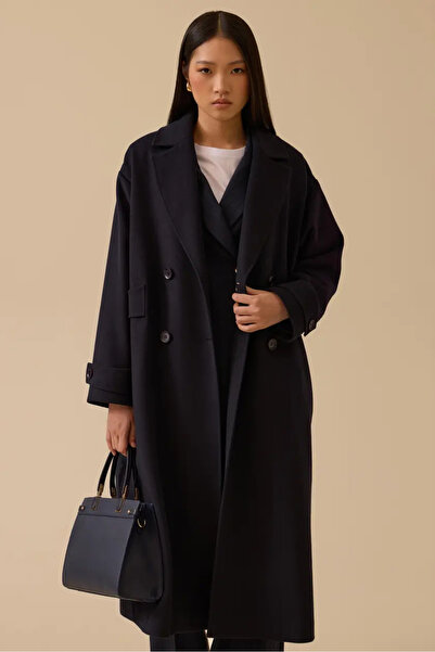 SEÇİL Women's Double-Breasted Oversized Cashmere Coat - Navy Blue