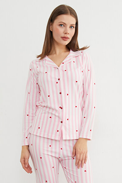 Fulla Moda Σετ πιτζάμες από σουέτ με ροζ ριγέ σχέδιο καρδιάς