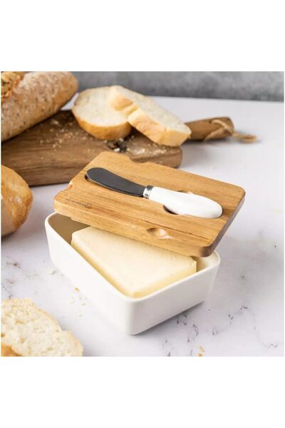 Klausberg Ceramic bowl, white, with acacia wood lid and knife, container