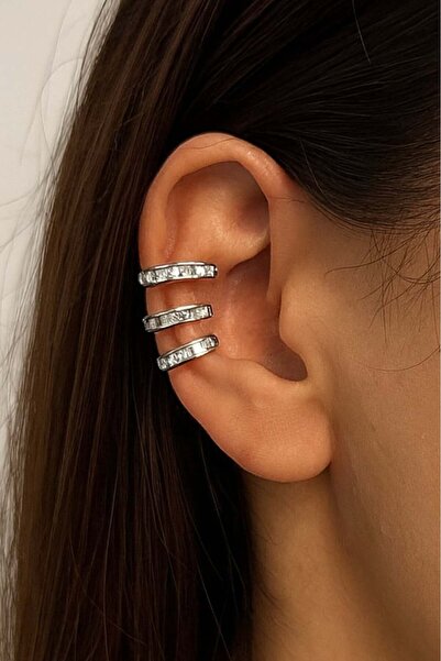TAKIŞTIR Gümüş Renk Taş Detaylı Üçlü Görünümlü Ear Cuff (Tek)
