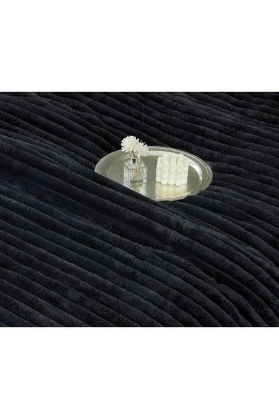 JOJO HOME Double bed linen with elastic and duvet included, faux rabbit fur, 6 pieces, Black