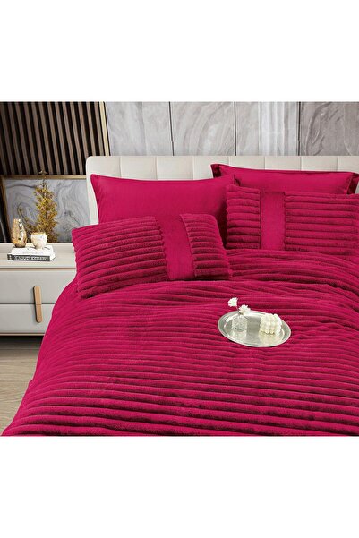 JOJO HOME Double bed linen with elastic and duvet included, faux rabbit fur, 6 pieces, Bordeaux