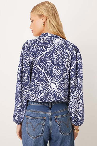 armonika Women's Navy Blue-White Tie-Collar Elastic Sleeve Blouse Arm-25K001096