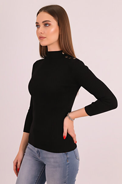 armonika Women's Black Mock Neck Shoulder Stud Detailed Knitwear Sweater Arm-26K136065