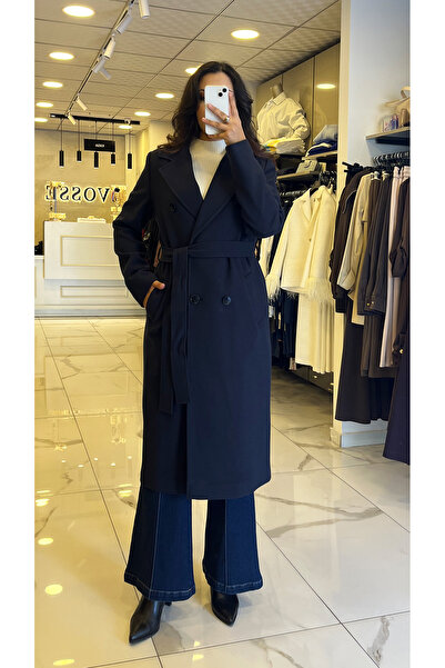 Vosse Ekol Lacivert Beli Kuşaklı Kruvaze Yaka Kaban