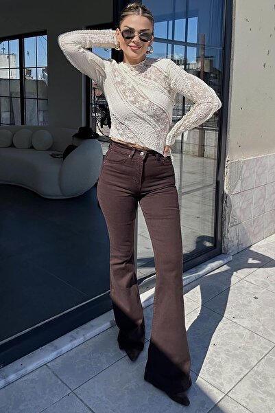 Eswomes İspanyol Paça Jean Pantolon Acı Kahve