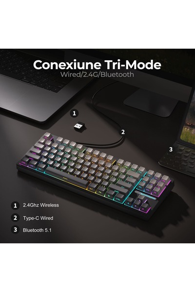 Timebox Wireless Mechanical Gaming Keyboard, 80% RGB, 87 PBT Keys, BT/2.4G/USB-C, Hot-Swap, Win/Mac