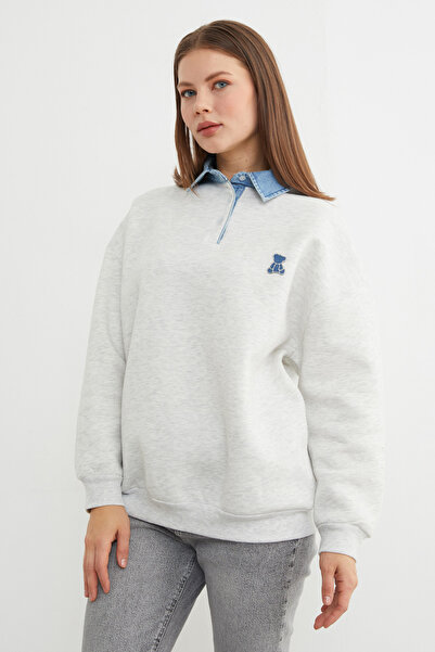 Fulla Moda Φούτερ με λεπτομέρεια από τζιν με κέντημα με 3 κλωστές με λαιμόκοψη πόλο