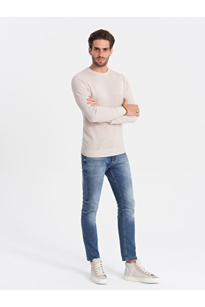 OMBRE Ανδρικό Πουλόβερ με Στρογγυλή Λαιμόκοψη και Υφασμάτινη Φόρμα - Μπεζ OM-SWSW-0104