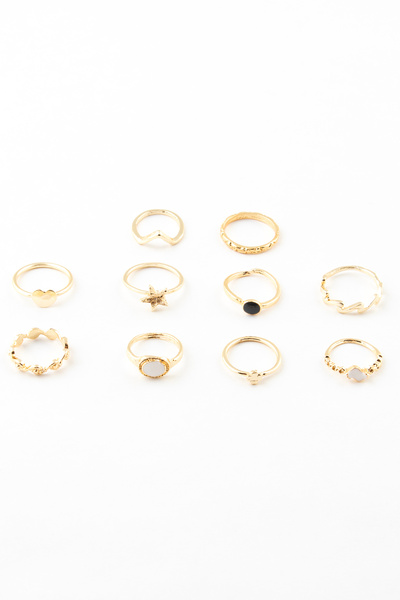 Sortie Aksesuar Kalp Yıldız ve Yılan Figürlü Mineli 10'Lu Kombin Yüzük Seti