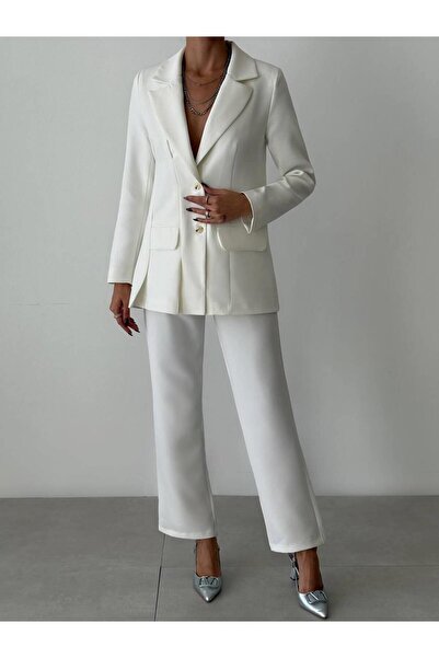 Coral Jacket and Pants Set with Flap Pocket Detail 11874 White