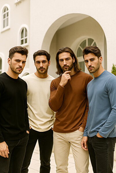 Rich Ανδρικό μακρυμάνικο αθλητικό κορμάκι βασικό σε χρώμα ινδικό-εκρού-καφέ-μαύρο 4 τεμαχίων