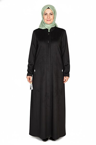 HESNA Women's Serez Plus Size Suede Side Pocket Winter Black Overcoat