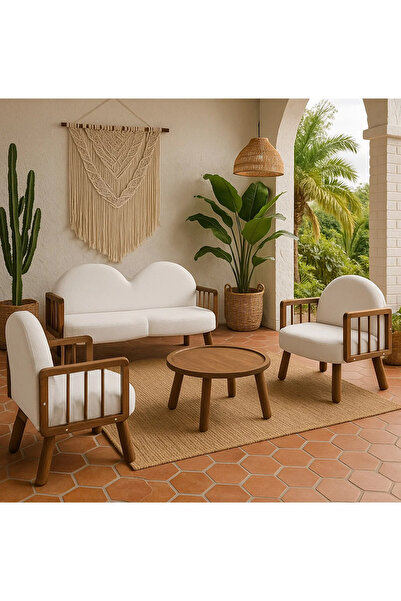 Zem Tosca Bohem Çay Seti Ceviz Ahşap, Kırık Beyaz (1 ADET IKİLİ BERJER 2 ADET TEKLİ BERJER)