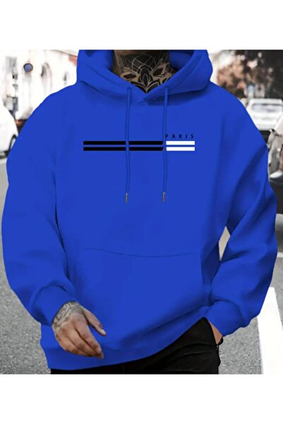 caddekombin Cizgi Paris Printed Hooded Blue Sweatshirt
