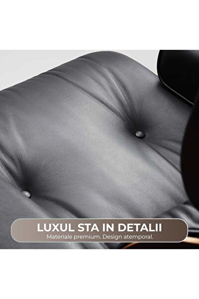 Timebox Fotoliu din piele premium, cadru din aluminiu, accente din lemn, rotire la 360°, înclinare la 110°, suport pentru picioare, negru